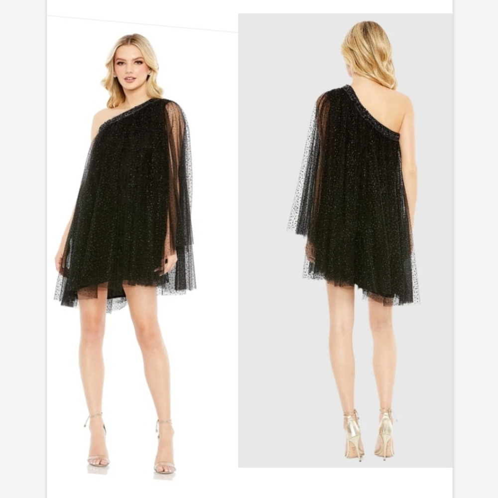 Mac Duggal Black One Shoulder Embellished Tulle Mini Dress sz 6 NWT  50689